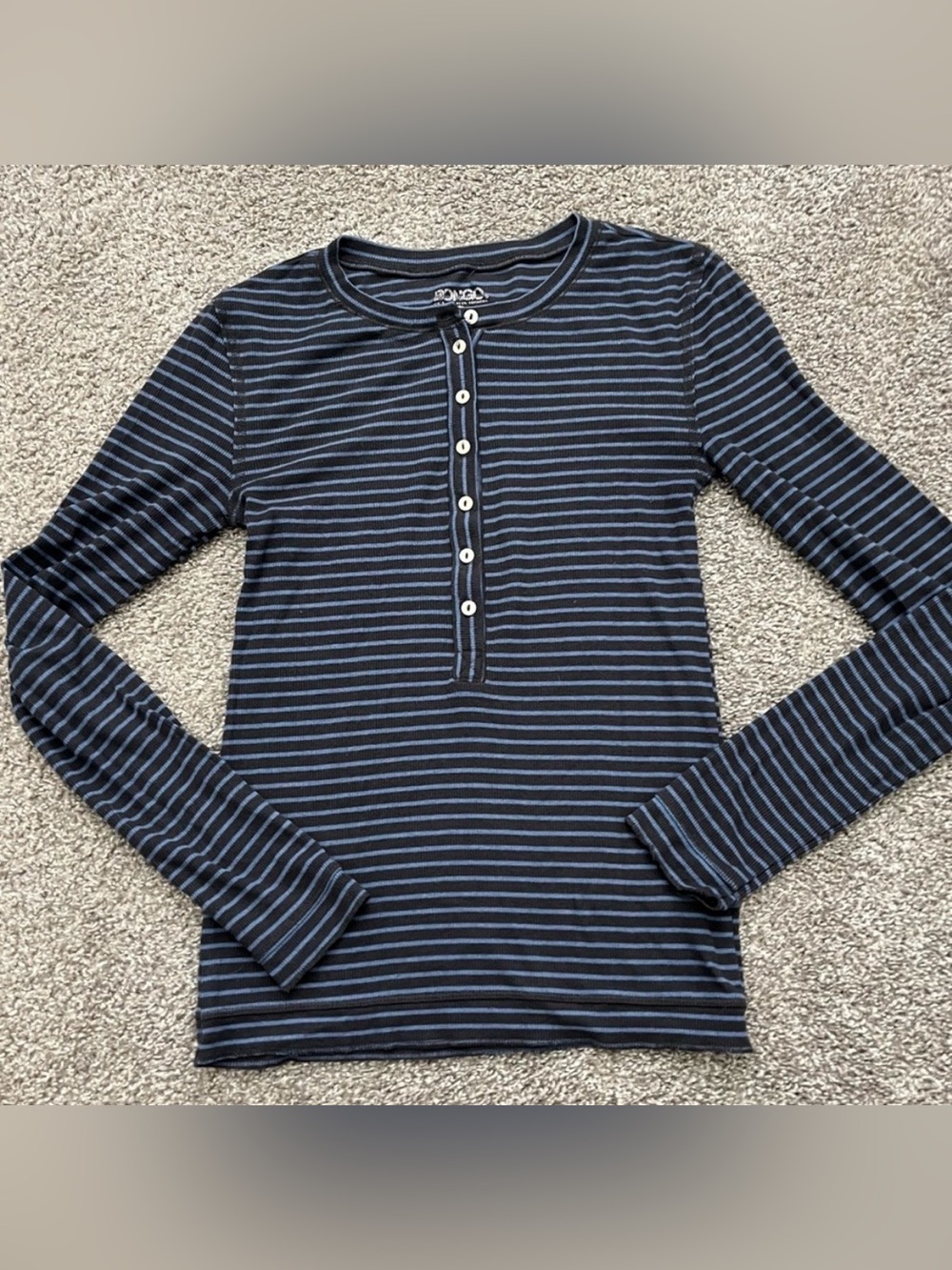 Striped Henley Long Sleeve Top in Navy and Light Blue Small